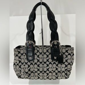 New Coach Black Leather & Gray Signature Jacquard Handbag Satchel Shoulder Bag